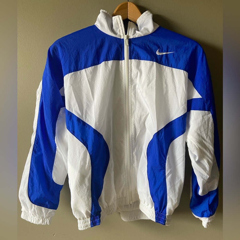 Nike Vintage Blue and White Windbreaker Bomber Jacket Size L